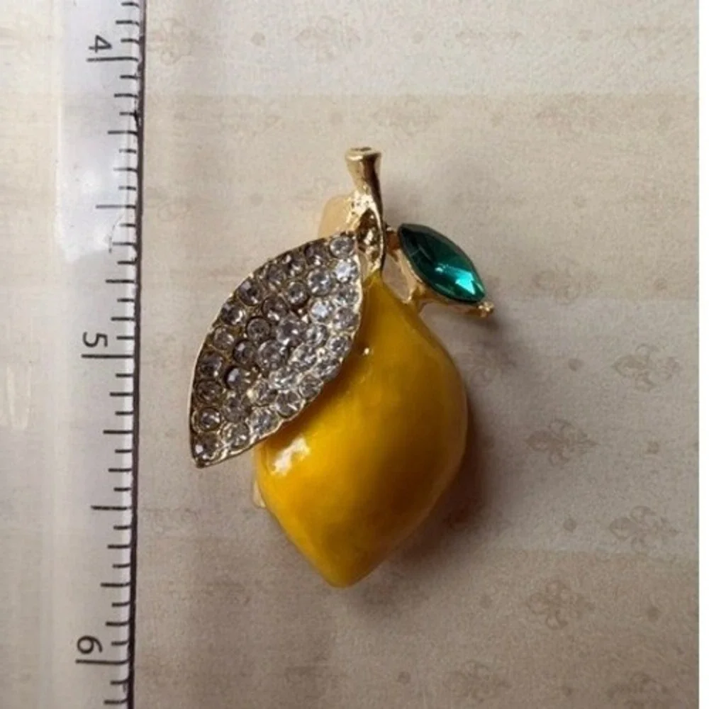 Lemon Brooch Yellow Enamel Rhinestone Gold Tone Fruit Statement Pin